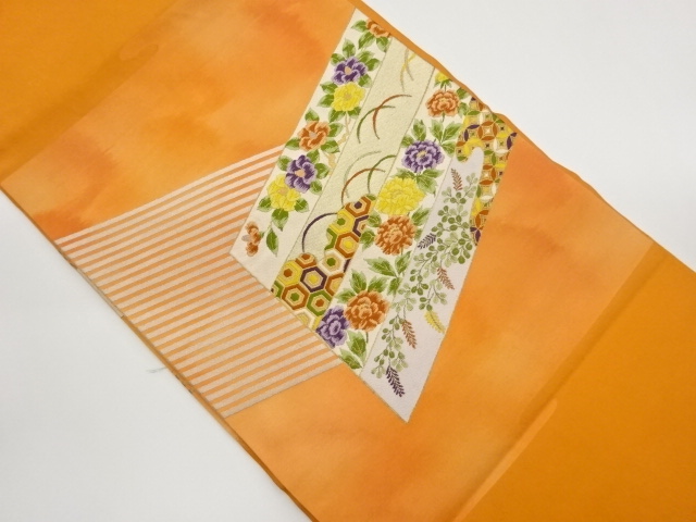 Nagoya obi with diagonal horizontal stripes, classic pattern, and woven floral p